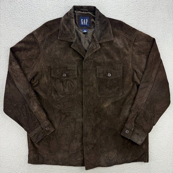 Vintage GAP Jacket Mens Large Brown Suede Leather Shacket Button Up Coat 90s Y2K - Picture 1 of 11